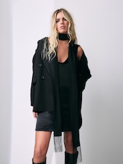 Black Satin Skinny Scarf With Fringing - Image 2 of 5