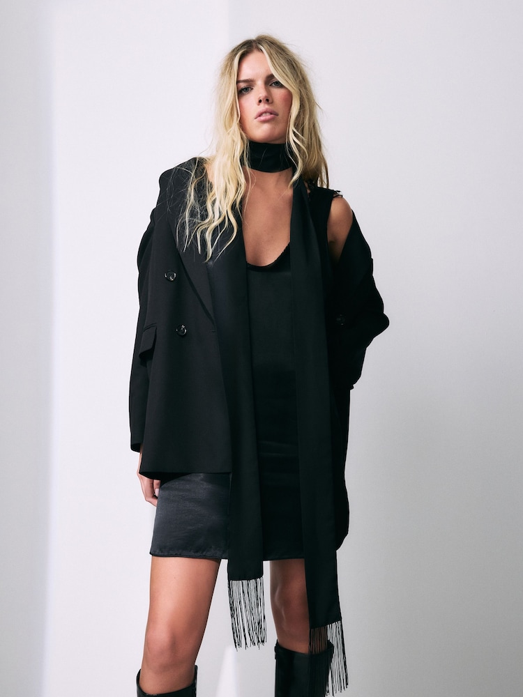 Black Satin Skinny Scarf With Fringing - Image 2 of 5