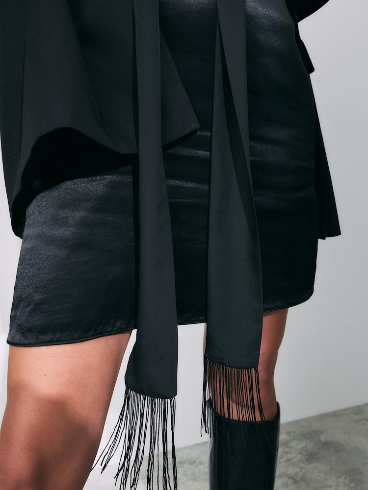 Black Satin Skinny Scarf With Fringing - Image 5 of 5