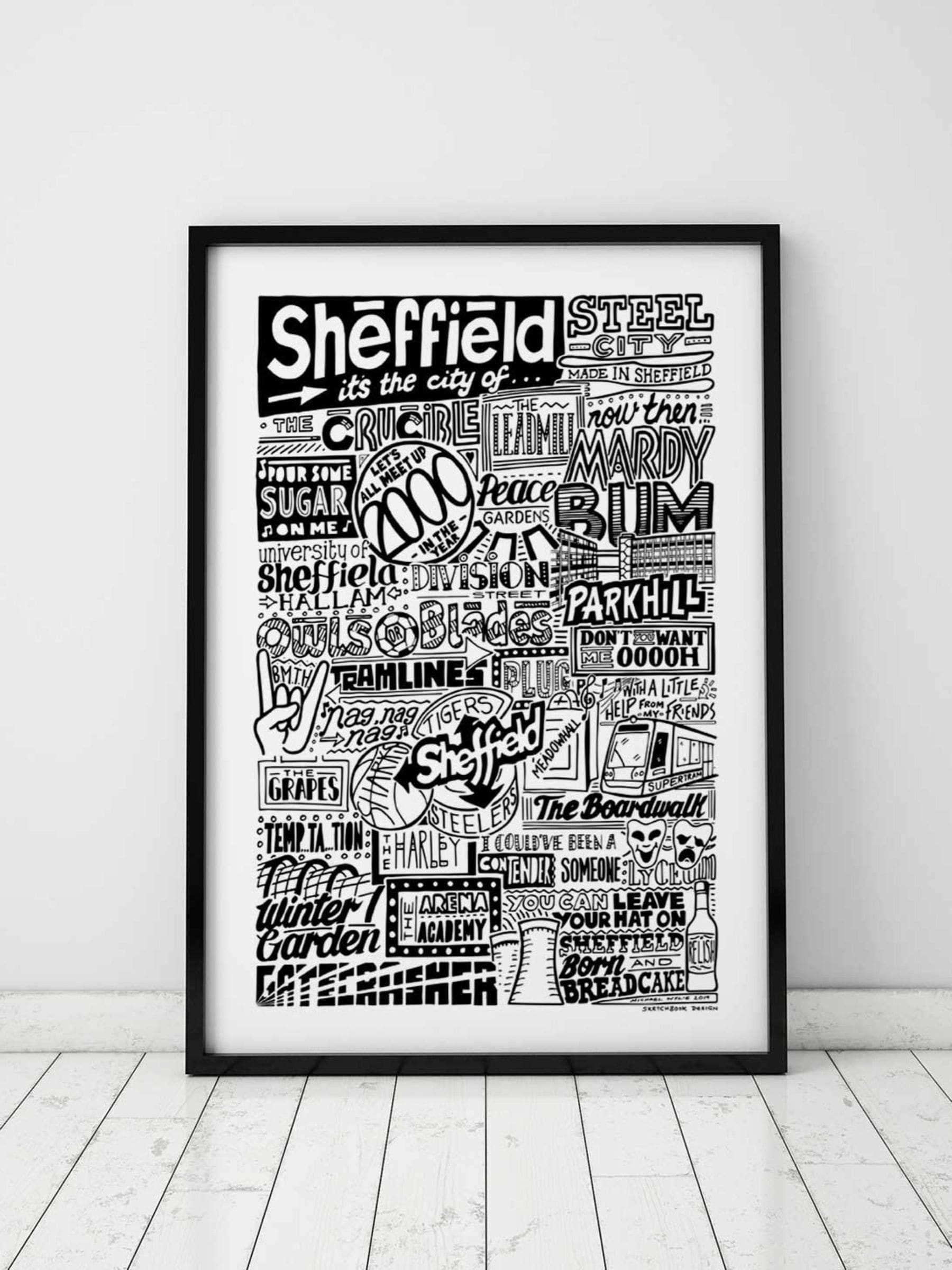 Sketchbook Design - Sheffield Landmarks Framed Wall Art - A3 - Black - Image 2