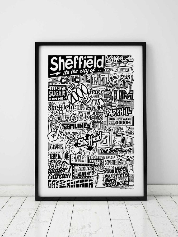 Sketchbook Design Black Sheffield Landmarks Illustration Framed Wall Art Print - Black A3 Frame - Image 1 of 4 Sketchbook Design Black Sheffield Landmarks Illustration Framed Wall Art Print - Black A3 Frame - Image 1 of 4
