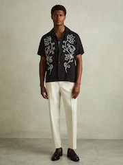 Reiss Black/White Sonny Linen Embroidered Cuban Collar Shirt - Image 1 of 5
