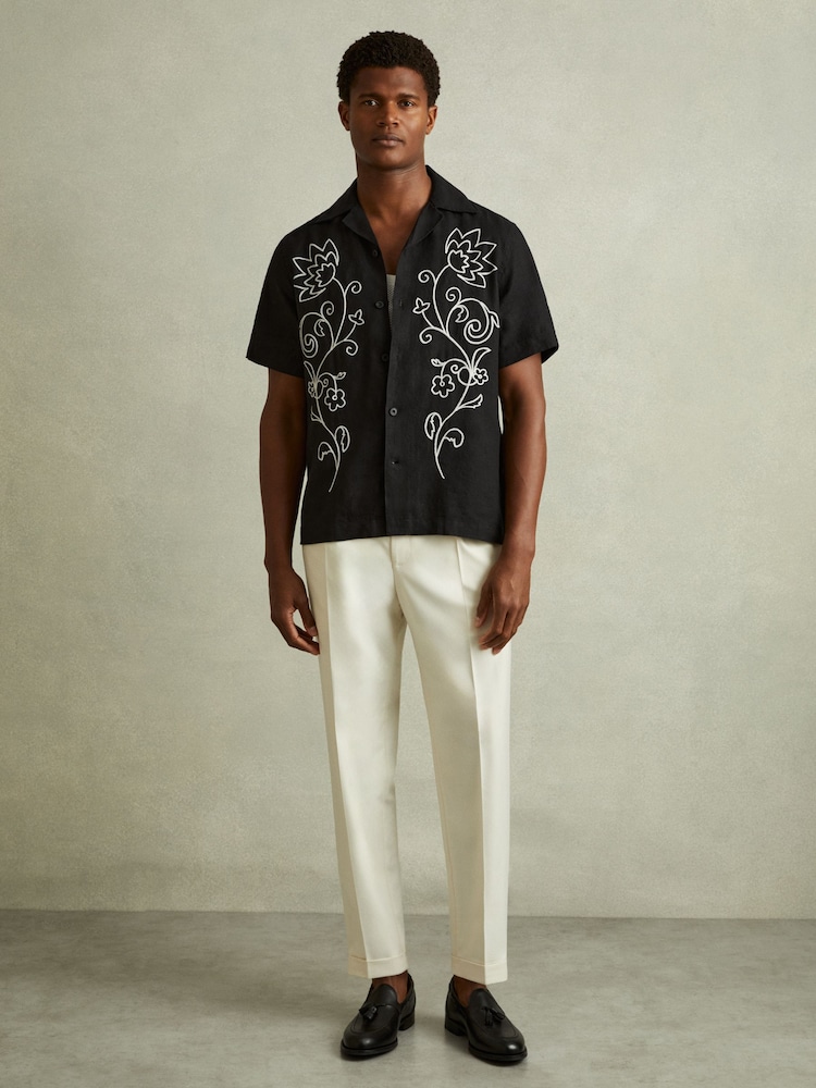 Reiss Black/White Sonny Linen Embroidered Cuban Collar Shirt - Image 1 of 5