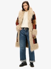 Superdry Brown Patchwork Cord Patchwork Long Afghan Coat - Image 1 of 7