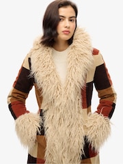 Superdry Brown Patchwork Cord Patchwork Long Afghan Coat - Image 3 of 7