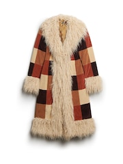 Superdry Brown Patchwork Cord Patchwork Long Afghan Coat - Image 5 of 7