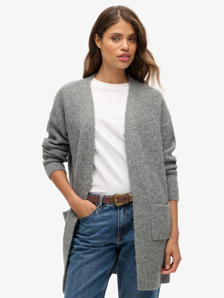 Superdry Charcoal Marl Essential Long Knit Cardigan - Image 1 of 5