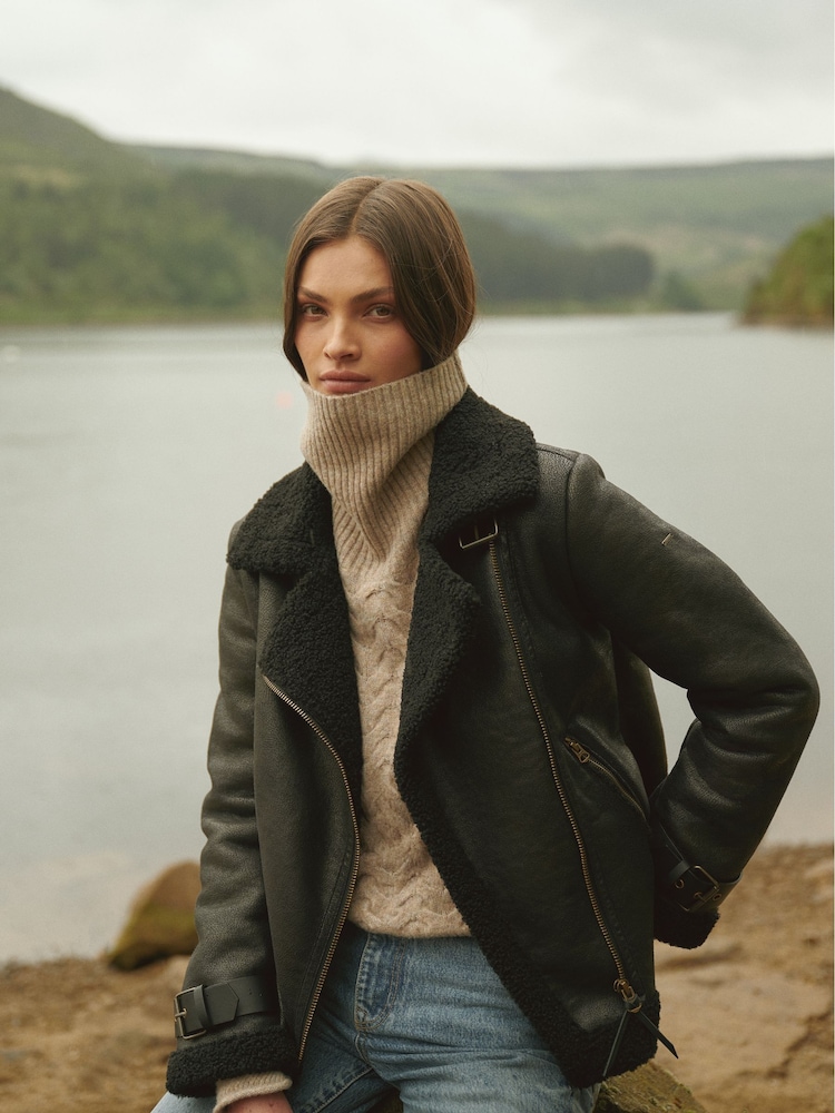 Superdry Black Faux Shearling Aviator Jacket - Image 1 of 12