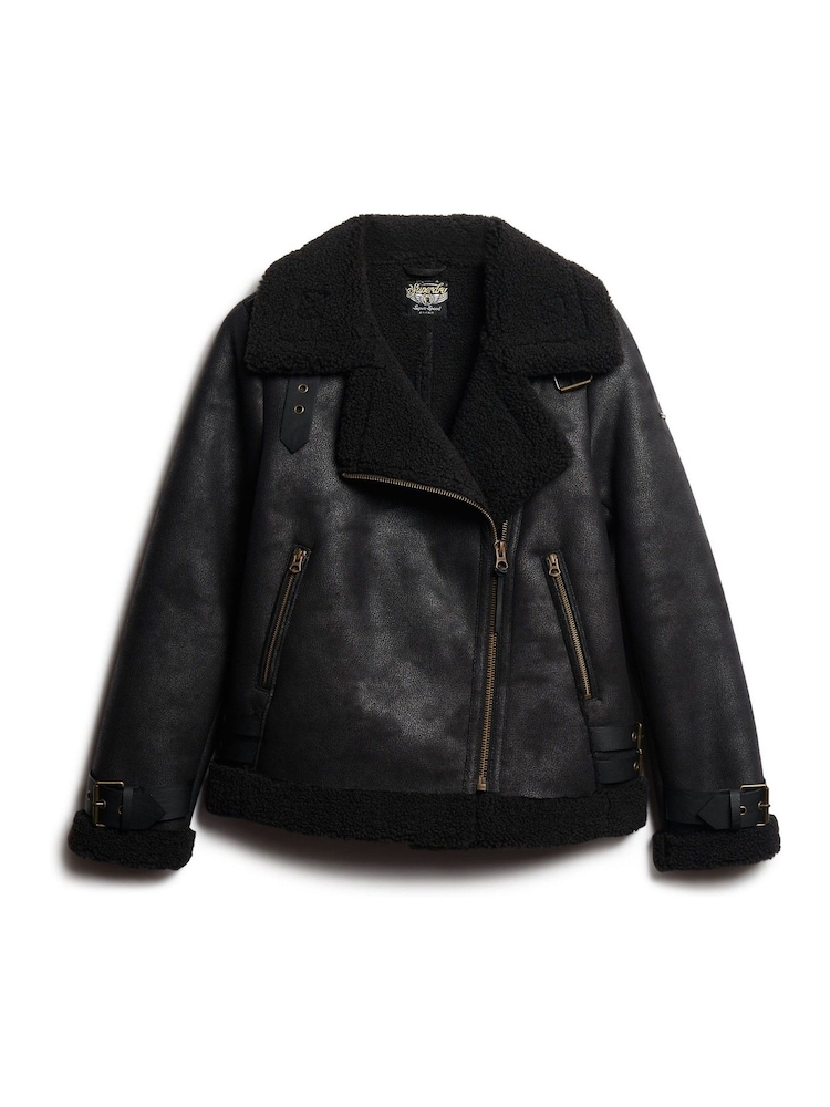 Superdry Black Faux Shearling Aviator Jacket - Image 9 of 10