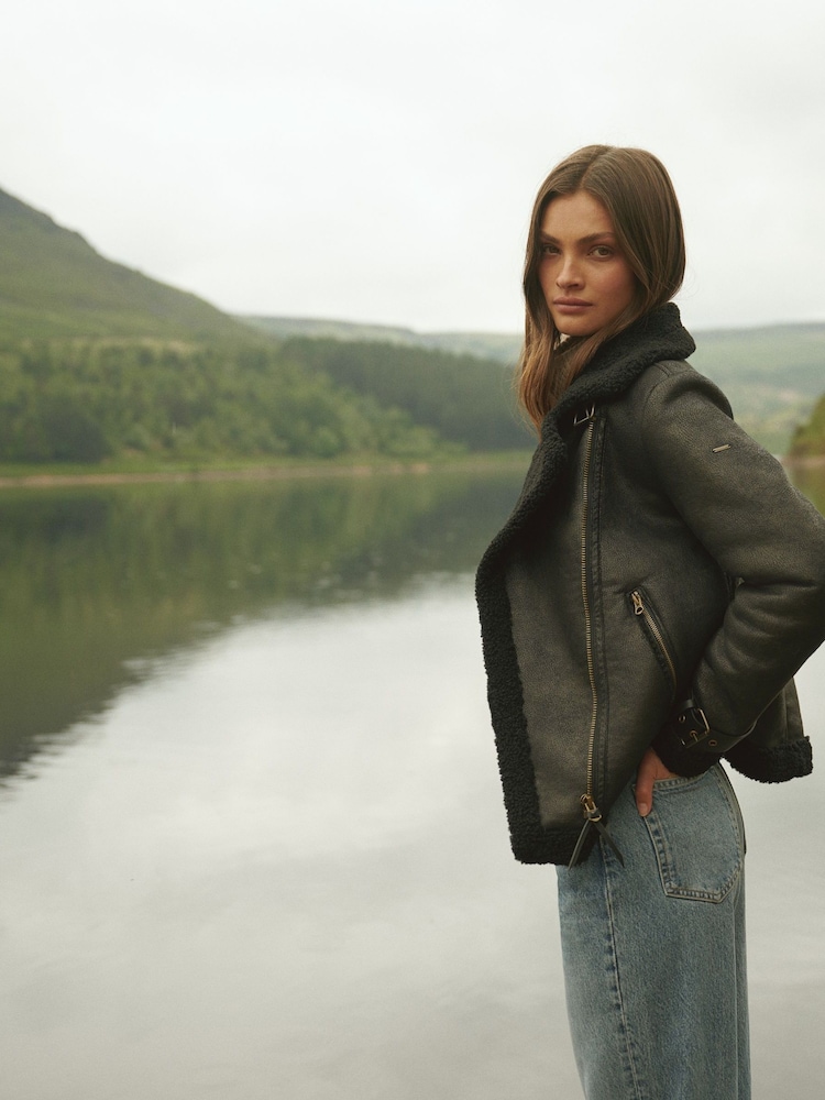 Superdry Black Faux Shearling Aviator Jacket - Image 2 of 10