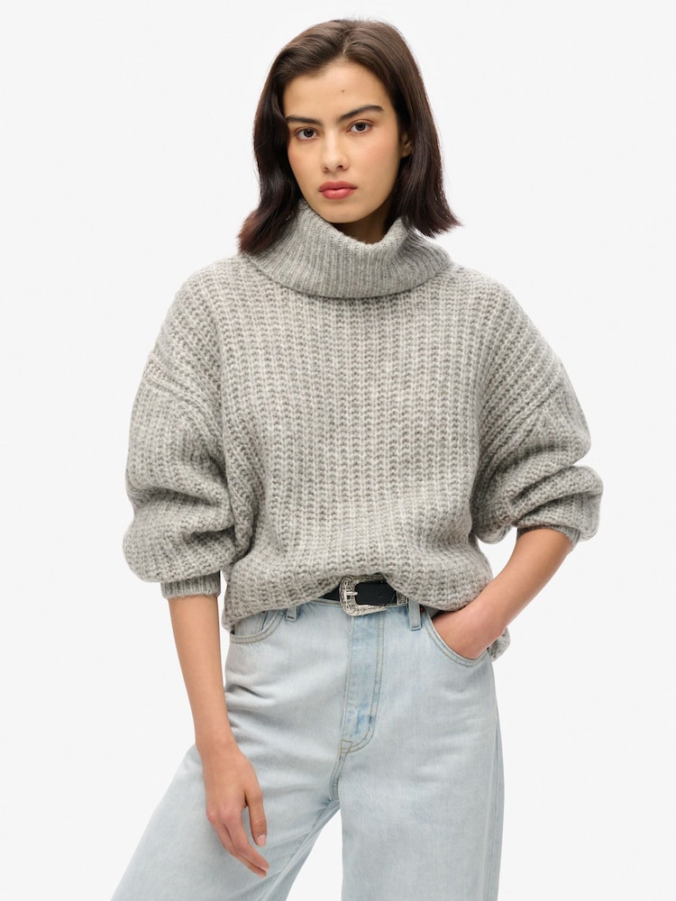 Superdry Heather Grey Twist Brushed Rib Slouch Nk Jumper - Image 1 of 5