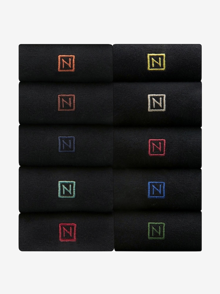 Black 10 Pack Embroidered Lasting Fresh Socks - Image 1 of 14