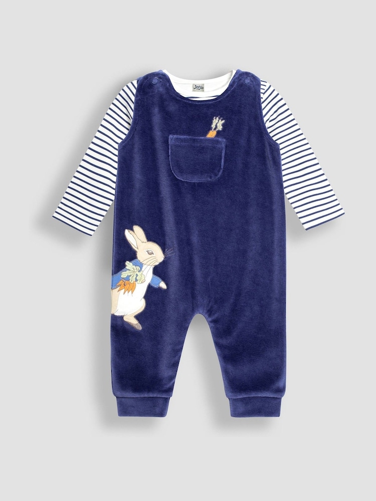 JoJo Maman Bébé Navy Velour Dungarees & Top Set - Image 1 of 10