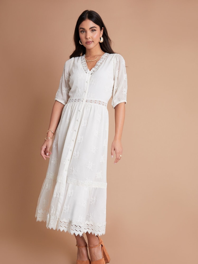 Another Sunday Cream Embroidered Button Down Lace Detail Chiffon Midi Dress - Image 2 of 6 Another Sunday Cream Embroidered Button Down Lace Detail Chiffon Midi Dress - Image 2 of 6