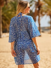 Sosandar Blue Palm Print Luxe Embellished Kaftan - Image 3 of 5