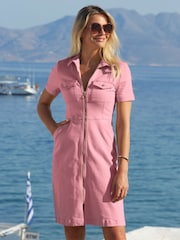 Sosandar Pink Short Sleeve Zip Front Denim Dress With Pockets - Image 2 of 5