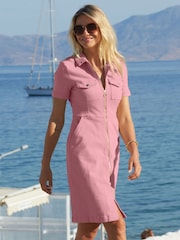 Sosandar Pink Short Sleeve Zip Front Denim Dress With Pockets - Image 4 of 5