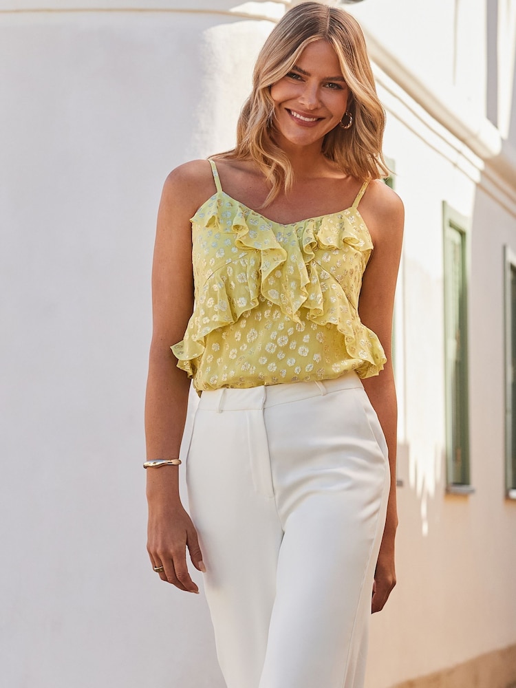 Sosandar Yellow Animal Print Frill Detail Cami Top - Image 5 of 5