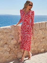 Sosandar Red Spot Print Twist Front Ruched Sleeve Fit and Flare Dress - Image 6 of 6