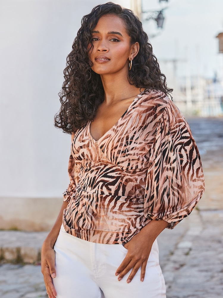 Sosandar Brown Animal Print Balloon Sleeve Jersey Top - Image 1 of 6