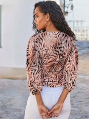 Sosandar Brown Animal Print Balloon Sleeve Jersey Top - Image 2 of 6