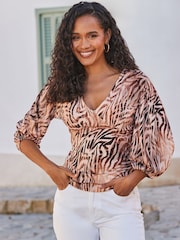 Sosandar Brown Animal Print Balloon Sleeve Jersey Top - Image 3 of 6