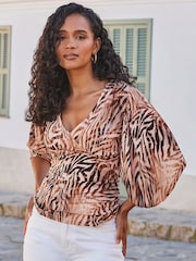 Sosandar Brown Animal Print Balloon Sleeve Jersey Top - Image 4 of 6