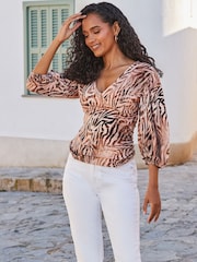 Sosandar Brown Animal Print Balloon Sleeve Jersey Top - Image 5 of 6