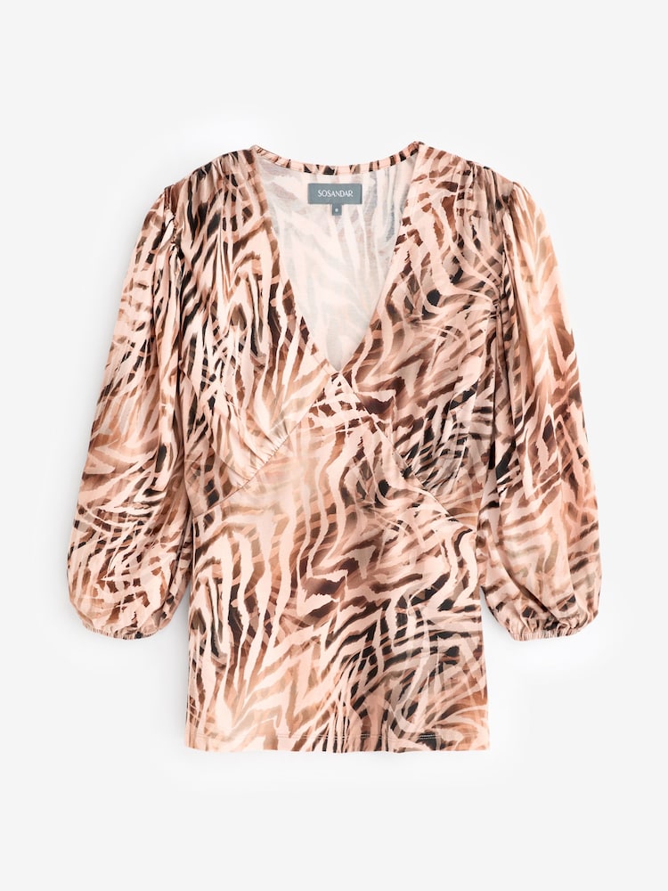 Sosandar Brown Animal Print Balloon Sleeve Jersey Top - Image 6 of 6