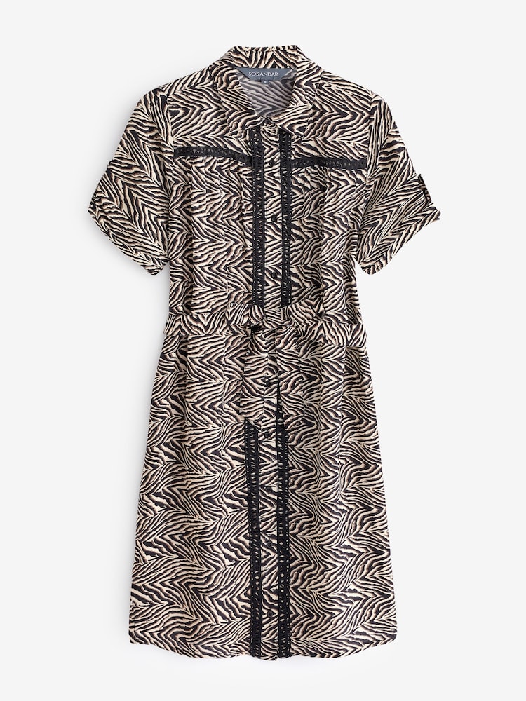 Sosandar Black Animal Print Ladder Trim Shirt Dress - Image 6 of 6