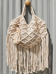 Sosandar White Macrame Tassel Trim Tote Bag - Image 3 of 3