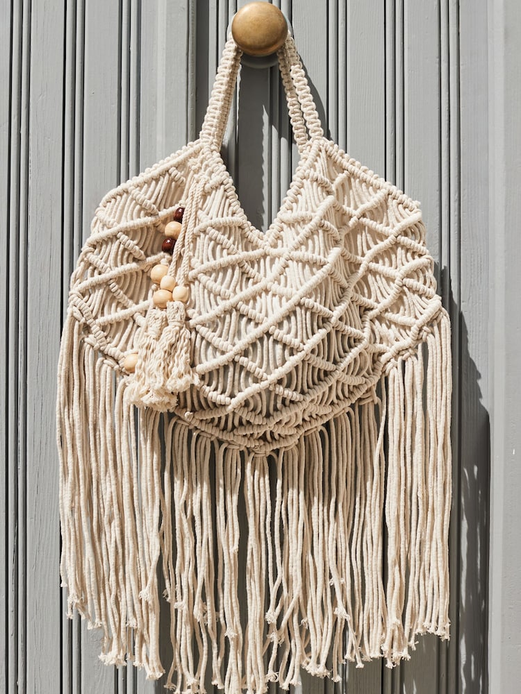 Sosandar White Macrame Tassel Trim Tote Bag - Image 3 of 3