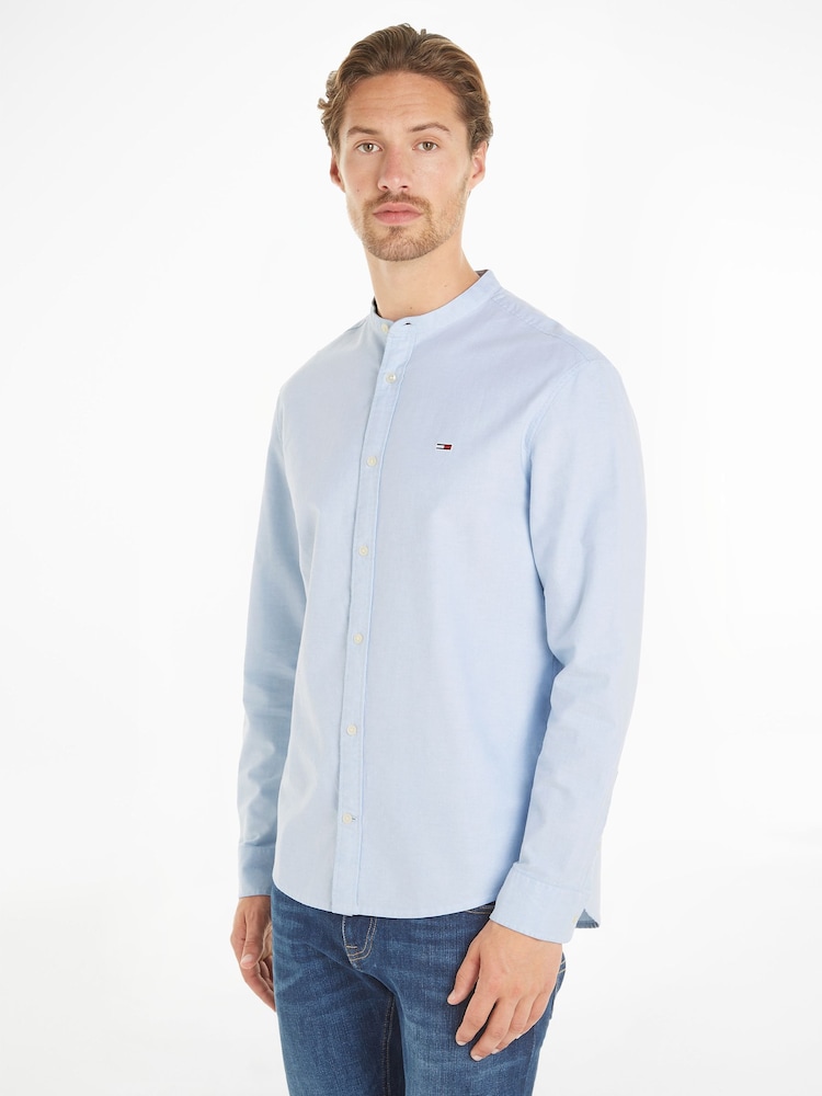 Tommy Jeans Blue Regular Fit Oxford 100% Cotton Mao-Collared Shirt - Image 1 of 6