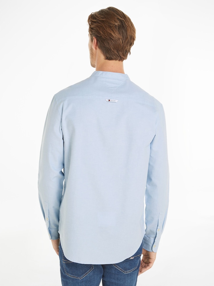 Tommy Jeans Blue Regular Fit Oxford 100% Cotton Mao-Collared Shirt - Image 2 of 6