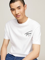 Tommy Jeans White Regular Fit Signature Print 100% Cotton T-Shirt - Image 3 of 4