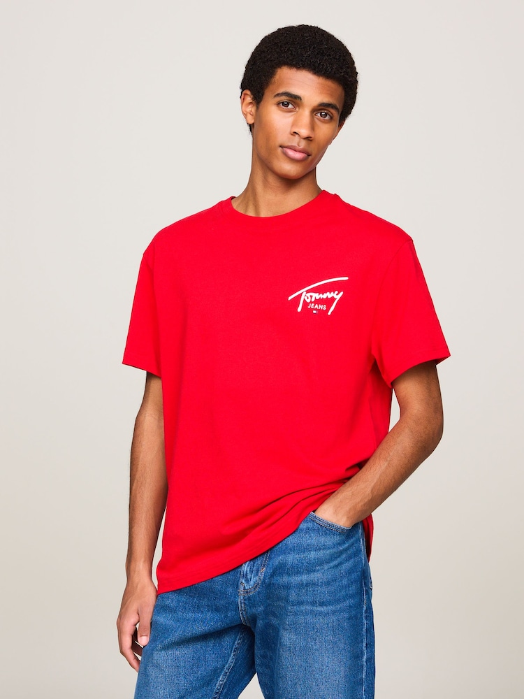 Tommy Jeans Red Regular Fit Signature Print 100% Cotton T-Shirt - Image 1 of 5 Tommy Jeans Red Regular Fit Signature Print 100% Cotton T-Shirt - Image 1 of 5