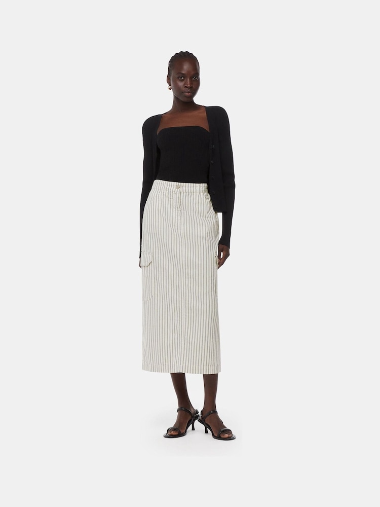 Whistles White Stripe Cotton/Linen Mix Cargo Midi Skirt - Image 1 of 5