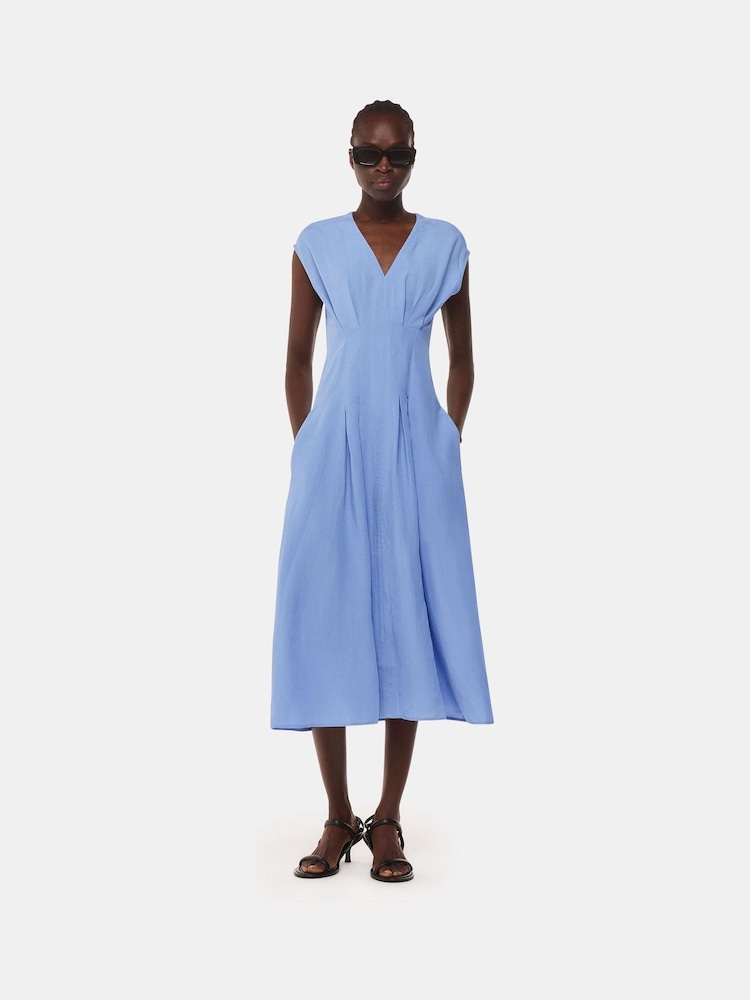 Whistles Blue Panel Detail Midi Dress With Linen - Image 1 of 5