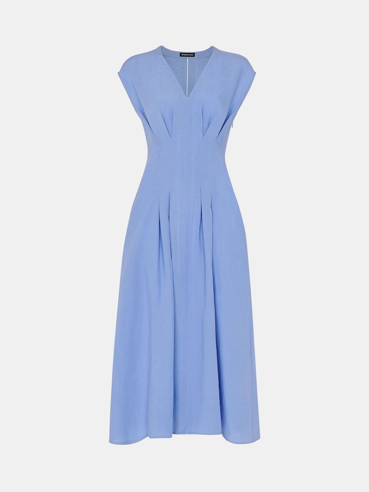 Whistles Blue Panel Detail Midi Dress With Linen - Image 5 of 5