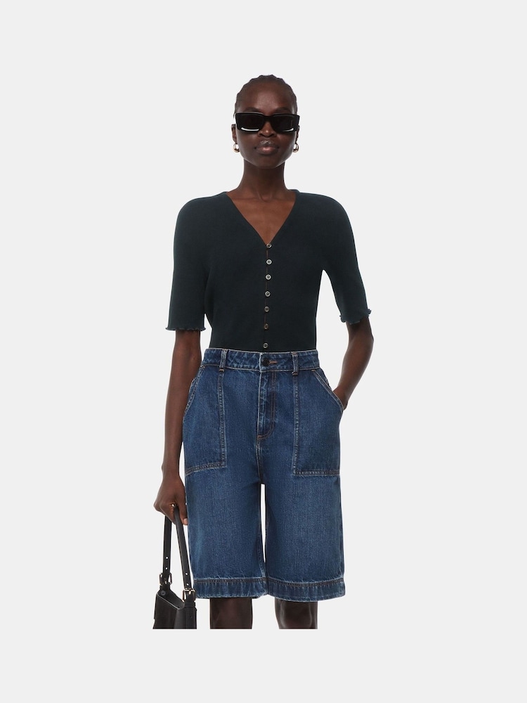 Whistles Black Frill Sleeve Button Front T-Shirt - Image 1 of 5 Whistles Black Frill Sleeve Button Front T-Shirt - Image 1 of 5
