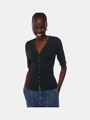 Whistles Black Frill Sleeve Button Front T-Shirt - Image 3 of 5
