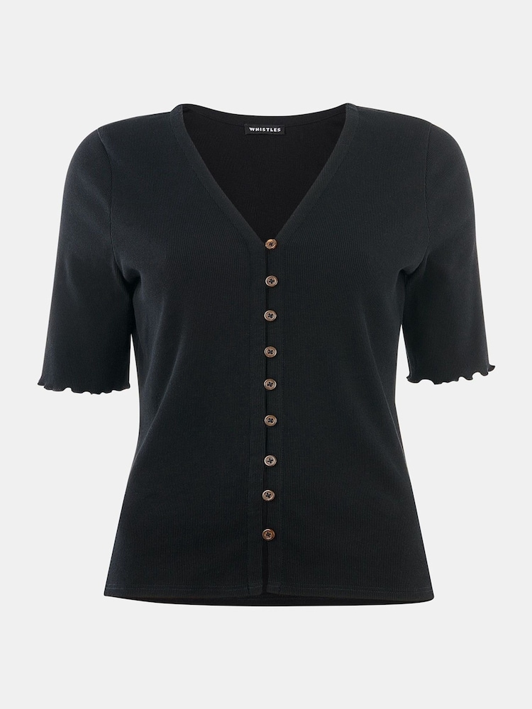 Whistles Black Frill Sleeve Button Front T-Shirt - Image 5 of 5 Whistles Black Frill Sleeve Button Front T-Shirt - Image 5 of 5