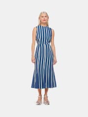 Whistles Blue Petite Crinkle Stripe Midi Dress - Image 1 of 5