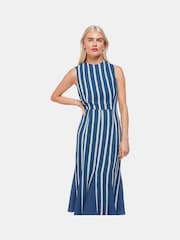 Whistles Blue Petite Crinkle Stripe Midi Dress - Image 3 of 5
