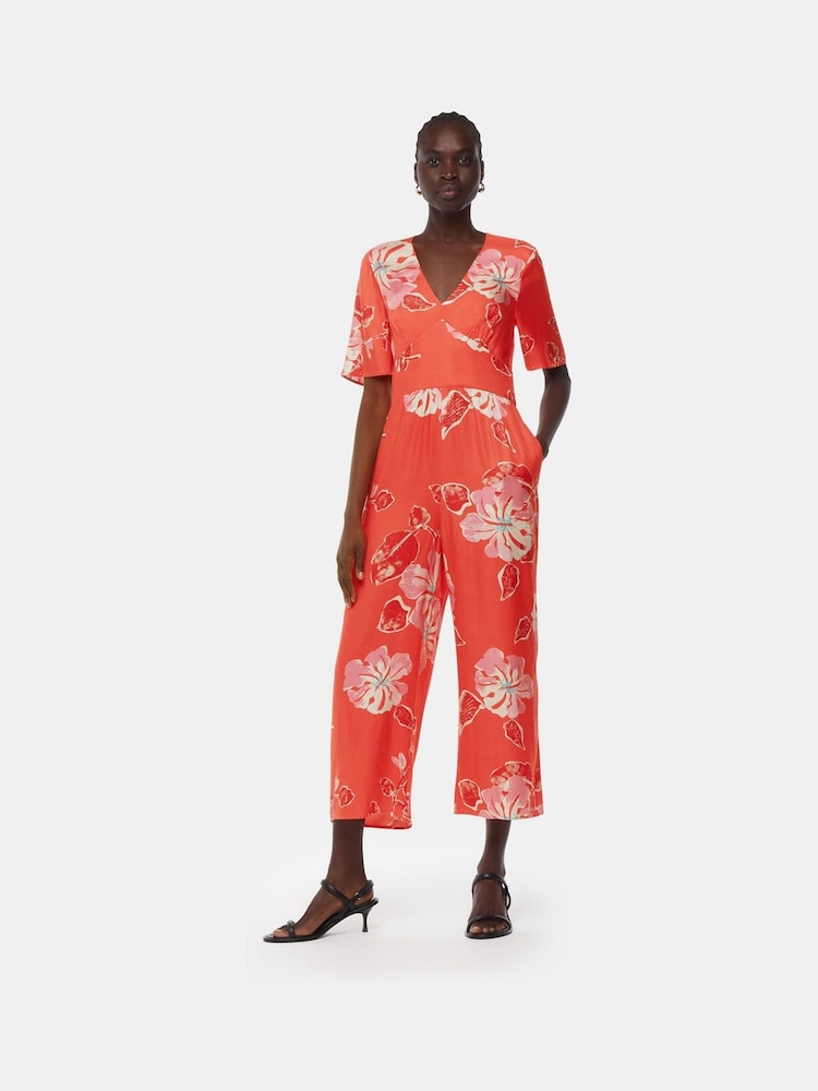 Whistles Orange Hibiscus Print Aimee Jumpsuit - Image 1 of 4 Whistles Orange Hibiscus Print Aimee Jumpsuit - Image 1 of 4