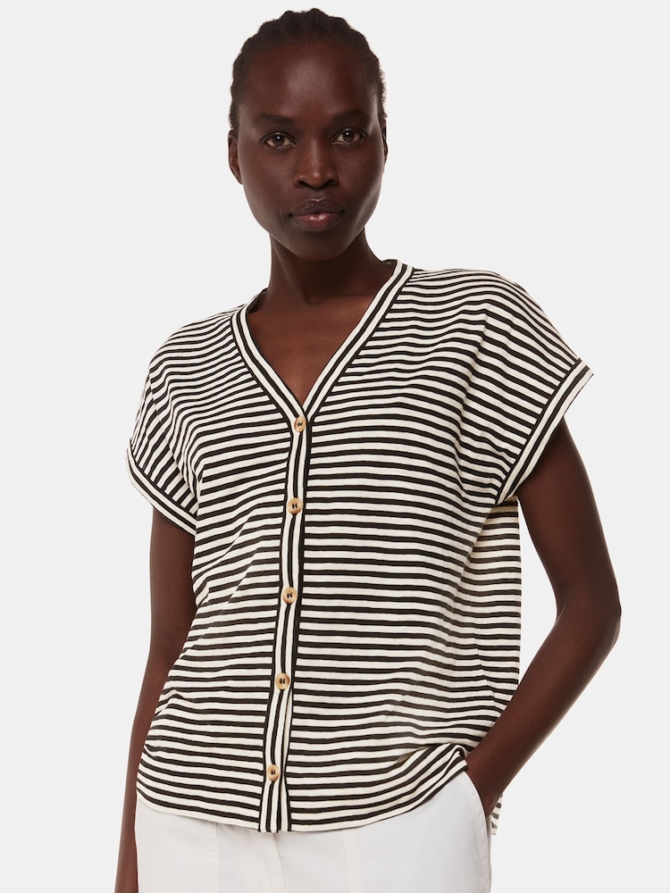 Whistles Black Stripe Julia Button 100% Cotton Top - Image 1 of 5