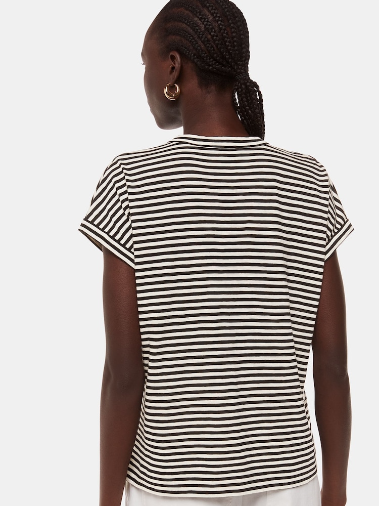 Whistles Black Stripe Julia Button 100% Cotton Top - Image 2 of 5