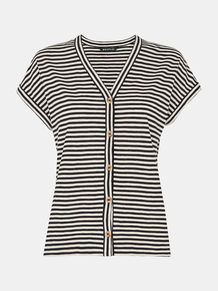 Whistles Black Stripe Julia Button 100% Cotton Top - Image 5 of 5