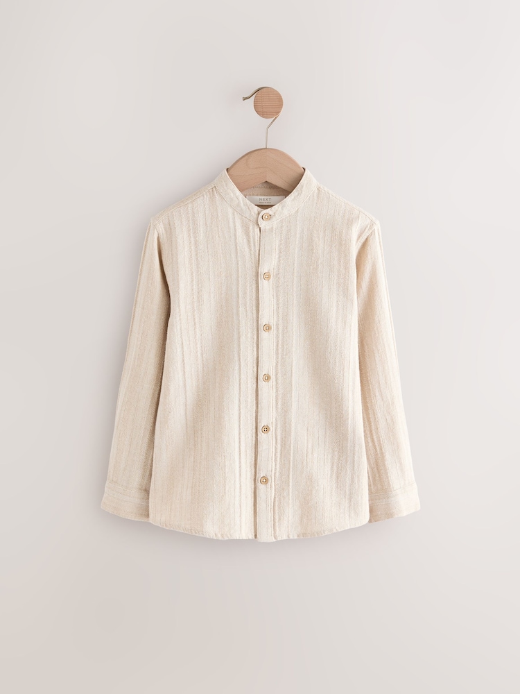 Neutral Long Sleeve Grandad Collar Cotton/Linen Mix Texture Shirt (3-16yrs) - Image 1 of 4