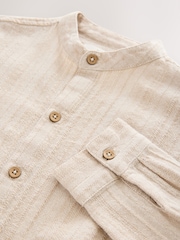 Neutral Long Sleeve Grandad Collar Cotton/Linen Mix Texture Shirt (3-16yrs) - Image 3 of 4
